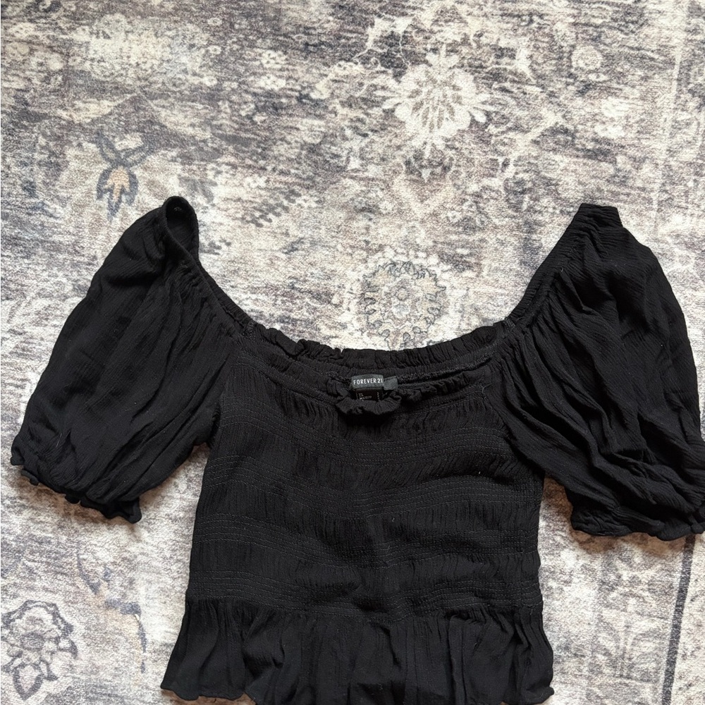Forever 21 Black Off-Shoulder Puff Sleeve Smocked Top